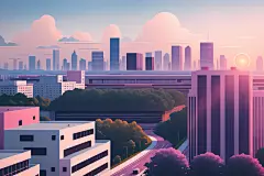 梦幻现代科技城市剪影扁平插画图片