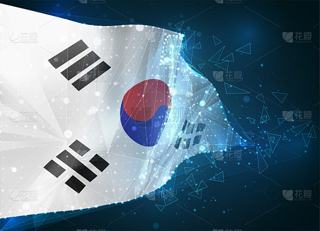 韩国，矢量旗，虚拟抽象三维物体从三角形多边形在一个蓝色的背景