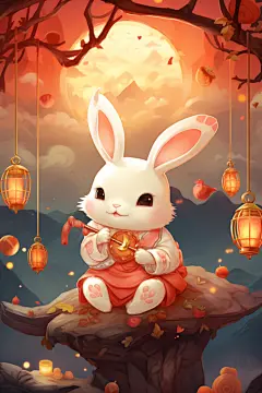 古风可爱中国传统中秋节兔子月饼插画