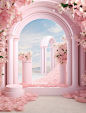 a pink photo with blue flower background, in the style of fairycore, 3d, romantic and nostalgic themes, mori kei, minimalist stage designs, arched doorways, piles/stacks