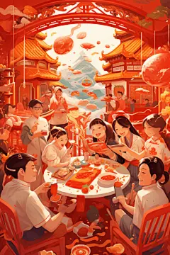 新年主题龙年除夕夜年夜饭插画