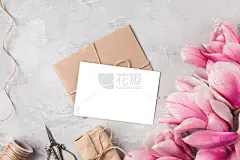 贺卡,平铺,玉兰类,创造力,粉色,包装纸,灰色背景,绳子,花,做