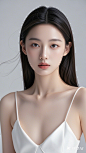 一位女孩，青春，高级感，人物肖像特写镜头，面部无遮挡，简约构图，浅色背景，简约高定礼服，高级摄影， (13)