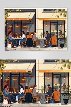 AI数字艺术咖啡厅下午茶人物插画-众图网