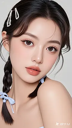 jimeng-2025-06-05-538-美妆模特，可爱俏皮，扎着马尾，高光皮肤，浅色背景，立体的五官，精致的妆容，水润嘴巴，超写实，逼真的细节刻画，最高质量，佩戴发饰，浓密假睫毛，网红妆容，裸色，