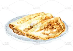 薄煎饼放在盘子里。手绘水彩插图孤立的白色背景