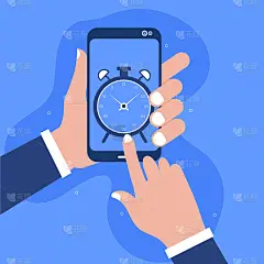 智能手机屏幕上的闹钟。手拿着智能手机