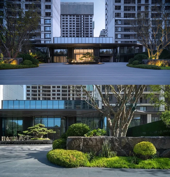 青岛中海半山雲境·藏峰 社区门户街区界面仿京城宝格丽酒店，营造大气精致社区形象。主入口两旁，云状绿植点缀，毛石景墙与置石相映，特色景观植被铺陈 ...