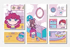 玩具,贺卡,日本漫画风格,可爱的,女孩,男孩,住宅房间