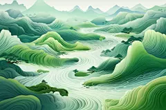 中式青山山川河流绿水创意插画
