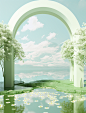 an arch is shown under a green tree with white daisies, in the style of surrealist dreamlike scenes, water and land fusion, rendered in cinema4d, mist, ricardo bofill, cute and dreamy, green