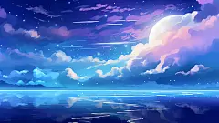 水彩插画治愈唯美海边天空插画倒影云海梦幻温暖唯美桌面壁纸