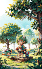 00417-2336315457-Hazy morning,  a whimsical pretty Mecha girl with green hair，holding an umbrella,,full body, chibi ,   han, jin, tang, song, min