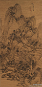 【 清 王鉴 《山庄奇峰图》 】轴，金笺墨笔，120.5×58cm，天津市艺术博物馆藏。构图是典型的全景山水：一峰高耸，群山围绕，曲折层叠，气势恢宏，有飞瀑急湍，拾级而下；苍松翠柏，郁郁葱葱；村舍茅屋，掩映其中。松秀的长披麻皴，在淡墨烘染后再加极浓墨的点苔和点叶，使画面越益显得凝重华滋