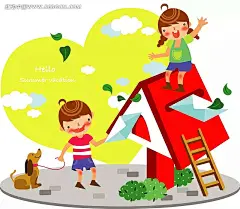 在木屋木邮箱寄信的孩子寄信|卡通人物|卡通人物图片|漫画人物|男孩|女孩|人物素材|人物图片|矢量人物|手绘|小狗