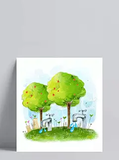 绿色手绘节约用水插画|创意背景,春季背景,春季海报,春天,风景手绘,环保,环保日,简约,简约春季,节约能源,蓝天白云,手绘,手绘背景