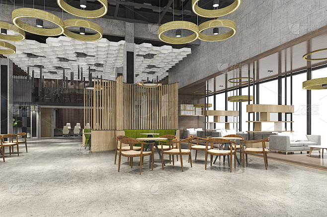 3d渲染豪华酒店接待大厅入口和酒廊餐厅与高天花板