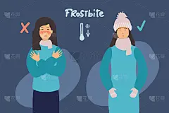 女人愣住了。冻伤概念旗帜。冻伤矢量概念横幅卡通插图。男人很冷，女人穿得很暖和。平面设计。信息图表。