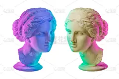 米洛的维纳斯雕像。创意概念彩色霓虹图像配以古希腊雕塑维纳斯或阿佛洛狄忒的头像。Webpunk，蒸汽波
