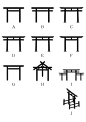 Varieties of Torii gates in Japan : A「神明鳥居（Shinmei torii）」、B「鹿島鳥居（Kashima torii）」、C「明神鳥居（Myōjin torii）」、D「八幡鳥居（Hachiman torii）」、E「春日鳥居（Kasuga torii）」、F「中山鳥居（Nakayama torii）」、G「外宮鳥居（Gekū torii）」、H「三柱鳥居（Mihashira torii）」、I「三輪鳥居（Miwa torii）」、J「両部鳥居（Ryōbu tor