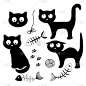 白色背景上的一组元素。黑猫，骷髅，吃鱼，弓和球玩具。矢量在平面风格。不同姿势的黑猫。适合制作海报和明