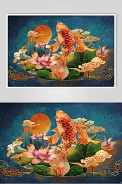时尚锦鲤高端大气创意蓝国潮风插画-众图网