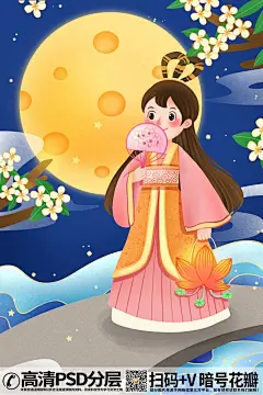 QQ28275342加我发图手绘插画306566_中秋提花灯赏月的嫦娥