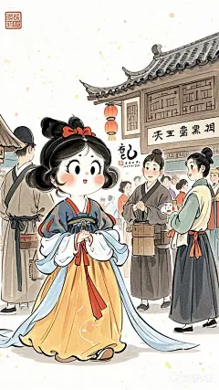 全景,水墨插画,极简主义，唐代可爱插画，（白雪公主逛街）现代人物与古风工笔画结合，画风细腻成熟，独特的风格，识别度高，人物讨喜又不失韵味，可爱的Q版唐代风俗画，干净纯色背景。