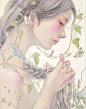 日本画师平野实穗（Miho Hirano）笔下红色眼妆的少女带着淡淡忧伤，花朵青枝蝴蝶小鸟在发间穿梭。