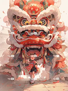 舞狮少年水彩插画喜庆海报
