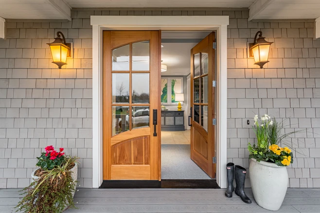 Entryway - mid-sized transitional porcelain tile entryway idea in ...
