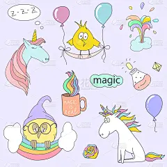 魔法手绘集-独角兽，彩虹和猫头鹰。