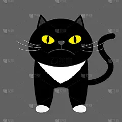 黄色眼睛的黑猫。可爱的卡通人物。卡哇伊的动物。脸上有胡子，鼻子，耳朵，尾巴。白色的爪子。爱动物。平面