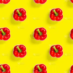 保加利亚红辣椒在黄色背景上的无缝图案。壁纸、打印图案、顶视图、平面布局、孤立