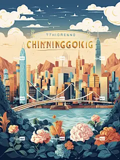 充满活力的重庆风景插图，以“重庆”地标、金双塔、重庆解放碑、