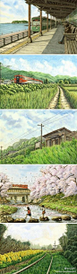 leewiART：美丽的火车，孤独的小站，一座座高架桥，风漫过绿色原野......松本忠是日本铁道画家。通过旅行，他将沿途风景一一定格在插画中。