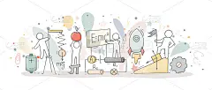 素描的物理实验室与工作的小人物