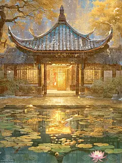 荷花池畔日光斜， 庭院深深宫殿涯。 仙气缭绕光影妙， 唯美瞬间如画描。 绿叶铺成碧色海， 花开荷锦亭台下。 水中倒映殿阁美， 仙境寻常凡尘外。 #宫殿  #庭院  #荷花  #荷花池  #光影  #街景  #美图  #唯美  #美景  #东方美学  #中式美学  #小说封面  #壁纸  #每日壁纸  #电脑壁纸  #手机壁纸  #神仙壁纸  #私藏壁纸  #数字艺术  #明信片  #插画  #拼图  #插画海报  #电影海报  #古风  #国风  #国风插画  #风景画  #商业插画  #美学  #装饰画