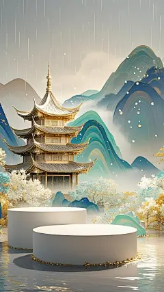 空白展台，电商设计用背景，烟雨江南，橱窗背景，竖版 (21)