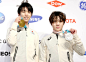 Japanese figure skaters Yuzuru Hanyu and Shoma Uno pose for photos in Pyeongchang South Korea on Feb 18 a day after winning the gold and silver...