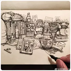 钢笔速写，桌面一角：）#手绘插画教程#（作者： 欧阳鹏杰-OY） ​ ​​​​