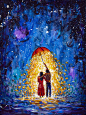 浪漫的画插图。浪漫艺术现代绘画一对相爱的情侣在冬日星夜的发光伞下散步。当代艺术为童话书