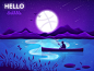 Hello Dribbble! lake moonshine night noise vector illustration fisherman