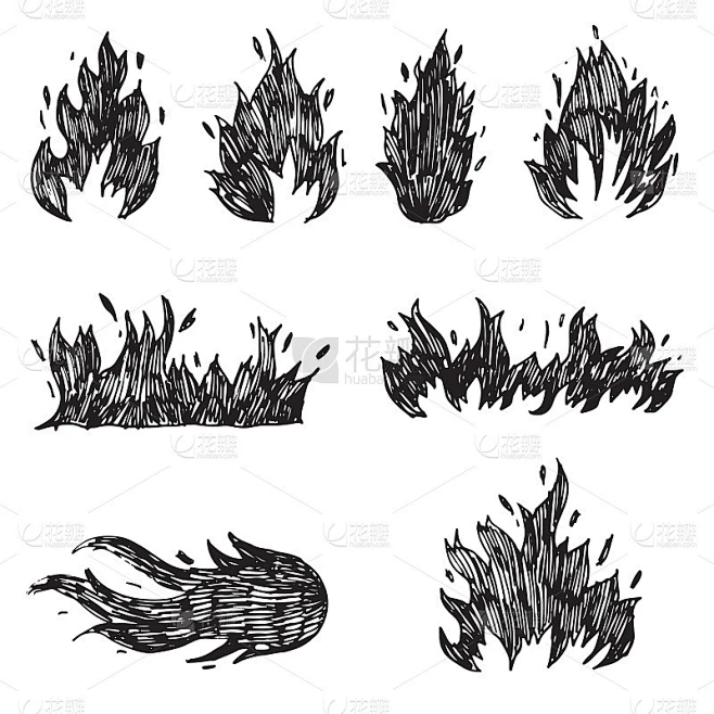 手绘火和火球。涂鸦素描火。矢量插图。素材-花瓣网