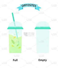 用于完整和空反义词和对立面的写字符。在白色背景上的一个完整的玻璃和空的玻璃的例证。教学辅助卡, 外语