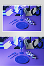 清新蓝色餐具贴图整套VI样机效果图