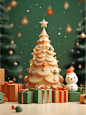 A green Christmas tree model in paper-cut style, with some gift boxes behind the model, a cute snowman on the side, and some snow on the ground, light amber background, paper-cut three-dimensional style, cute cartoon design, embossed paper --style bIRFZUF