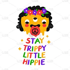 有趣的迷幻的女孩。保持迷幻的嬉皮士口号。矢量涂鸦线卡通卡哇伊人物插图。迷幻，嬉皮，迷幻，70年代的海