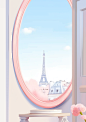 a light pink frame sitting on a window sill, in the style of tomàs barceló, whimsical skyline, curved mirrors, cecilia beaux, animated gifs, vignettes of paris, sky-blue and white