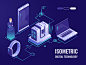 Digital technology isometric datacenter man smartwatch phone laptop data computer electronic isometric technology digital